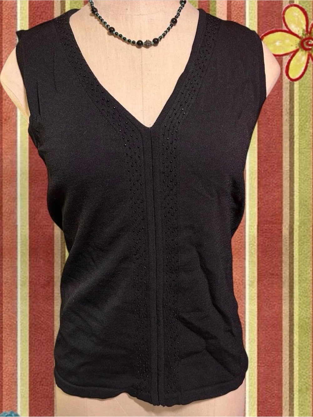 90s Whimsigoth Beaded Black V-Neck Sleeveless Knit Tank Top
